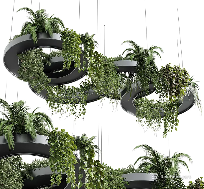 Hanging Basket Plants With Circular Spiral Design Featuring Lush Tropical Greenery And Palm Leaves 3d model 