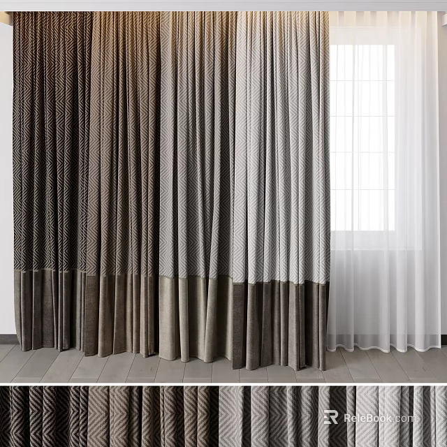 Elegant Color Block Fabric Curtains With White Sheer Panels And Drapery Design 3d model 