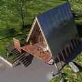 Triangular Roof Wooden House With Glass Walls Trees Car And Stone Steps