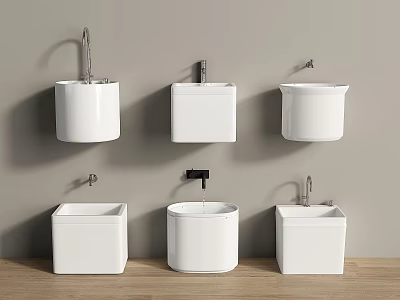 Modern White Washbasins Display With Wall Mounted And Countertop Styles And Faucets 3d model
