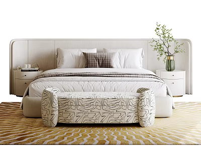 Modern Double Bed Interior With Upholstered Headboard Nightstands Pillows And Decorative Bench 3d model