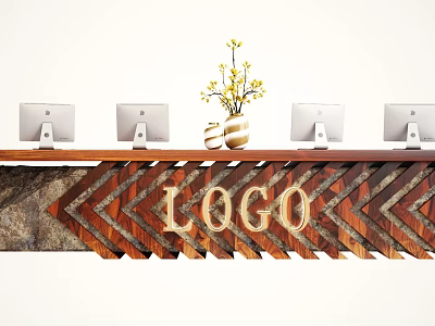 Wooden Reception Desk With Geometric Pattern Computer Monitors And Yellow Flower Vase 3d model