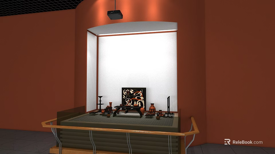 Stage Setup With White Backdrop Orange Walls Ceiling Projector And Musical Instruments 3d model 