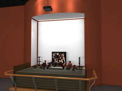 Stage Setup With White Backdrop Orange Walls Ceiling Projector And Musical Instruments 3d model