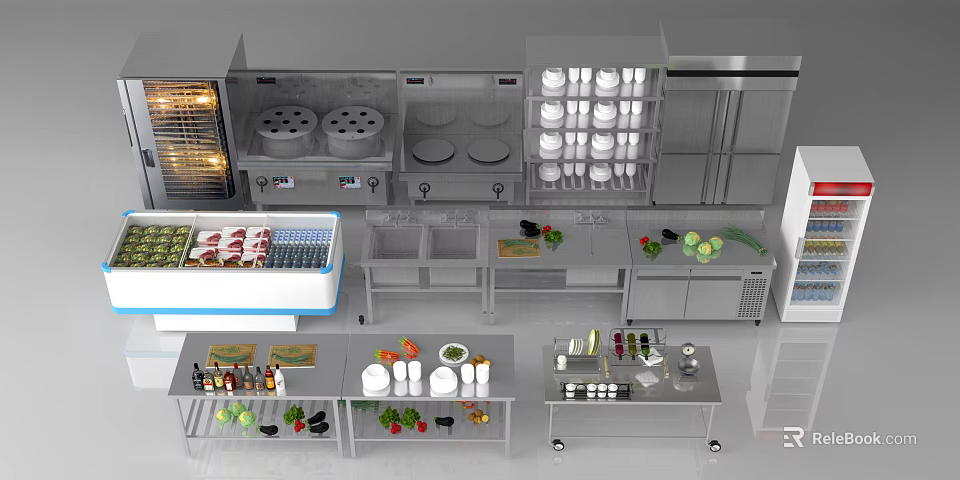 Professional Commercial Kitchen Featuring Stainless Steel Appliances Steamers And Prep Tables 3d model 