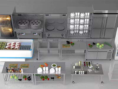 Professional Commercial Kitchen Featuring Stainless Steel Appliances Steamers And Prep Tables 3d model
