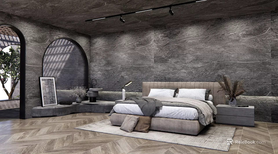 Modern Hotel Room with Gray Walls Arched Window Large Bed Wooden Flooring and Decorative Elements 3d model 