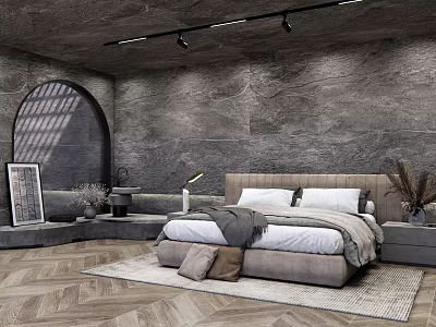 Modern Hotel Room with Gray Walls Arched Window Large Bed Wooden Flooring and Decorative Elements 3d model