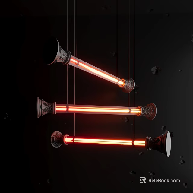 Three Hanging Modern Chandeliers With Elongated Red Glowing Tubes And Decorative Bases 3d model 