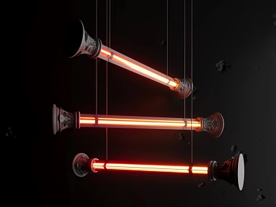 Three Hanging Modern Chandeliers With Elongated Red Glowing Tubes And Decorative Bases 3d model