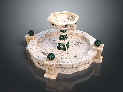 Garden Ornament Marble Fountain with Octagonal Base and Green Spherical Decorations 3d model