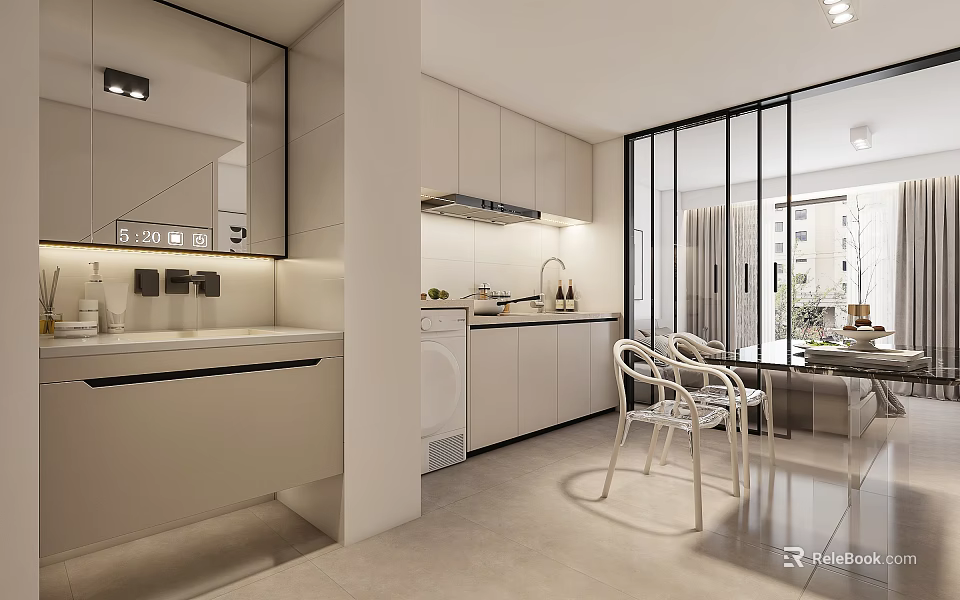 Modern Dining and Living Room Interior Design With White Cabinets Dining Table And Large Windows 3d model 