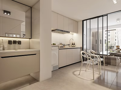 Modern Dining and Living Room Interior Design With White Cabinets Dining Table And Large Windows 3d model