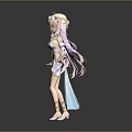 Anime Style Game Character With Pink White Long Hair Yellow Eyes And Blue White Outfit
