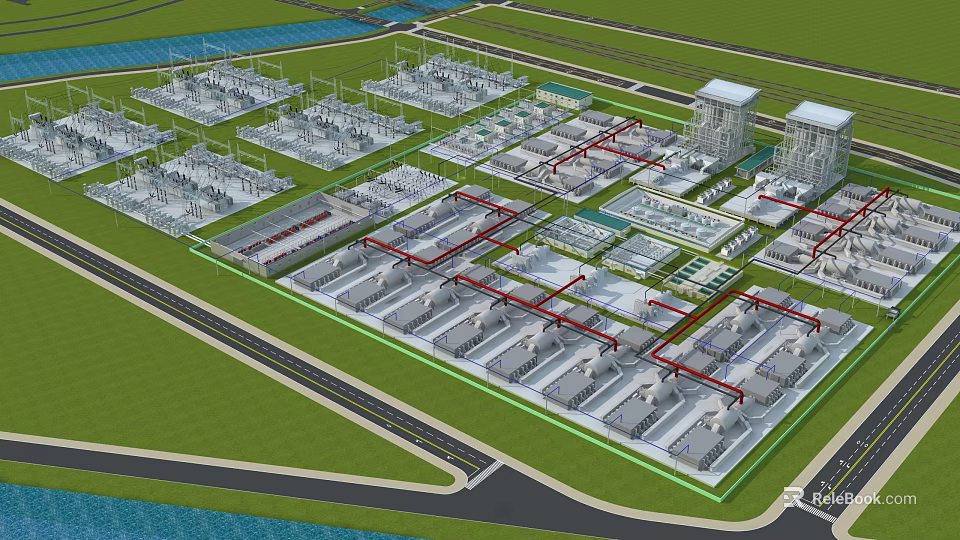 Aerial View of Large Industrial Energy Complex With Power Equipment Buildings and Pipeline Layout 3d model 