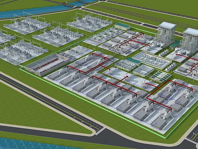 Aerial View of Large Industrial Energy Complex With Power Equipment Buildings and Pipeline Layout 3d model