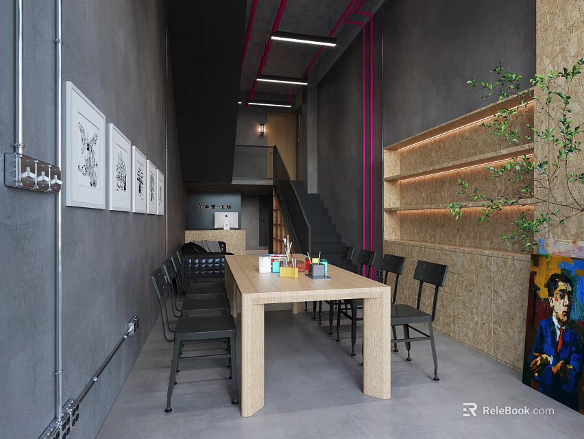 Spacious Art Studio Interior With Wooden Table Chairs And Artworks On Gray Walls 3d model 