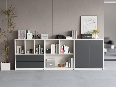 Modern White And Gray File Cabinet With Storage Shelves Drawers And Decorative Items 3d model