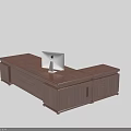 Modern Walnut Office Desk With Drawers And Laptop On Smooth Surface