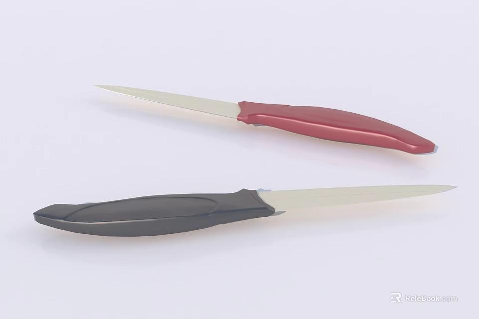 Practical Kitchen Knives with Red and Black Handles and Sharp Blades 3d model