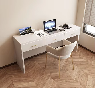 French Cream Modern Writing Table and Chair Laptop 3d model