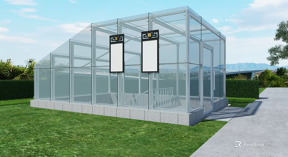 Transparent Glass Building Structure With Digital Screens And Grass Surroundings 3d model 