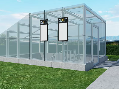 Transparent Glass Building Structure With Digital Screens And Grass Surroundings 3d model