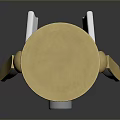 Small Robot With Yellow Top White Body Black Camera Lens Mechanical Legs And Blue Accents