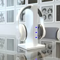 Modern Office Desk With Glass Top White Frame Computer Monitor Headphones And Mesh Organizer