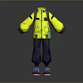 Yellow Jacket With Black And Green Accents Purple Pants And Blue Sneakers