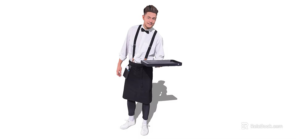 Professional Male Waiter In White Shirt And Black Suspenders Holding Service Tray 3d model 