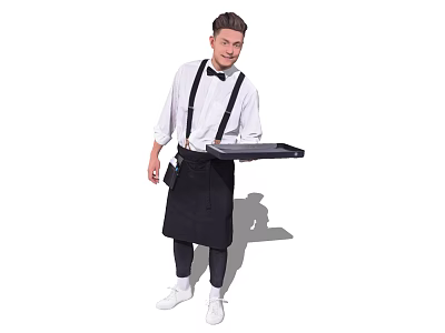 Professional Male Waiter In White Shirt And Black Suspenders Holding Service Tray 3d model