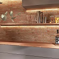Modern Kitchen Interior With Wooden Ceiling Brick Wall Central Island And Bar Stools