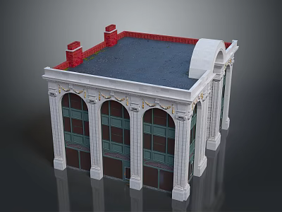 Classical Style Urban Architectural Building With White Facade Arched Windows Columns And Blue Roof Decorations 3d model