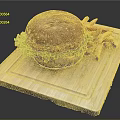 Juicy Hamburger with Sesame Bun Lettuce Patty and Crispy French Fries on Wooden Board