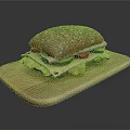 Delicious Multigrain Sandwich with Fresh Lettuce Tomato Ham and Cheese on Wooden Cutting Board