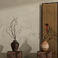 Beige And Brown Vases With Yellow Flowers Twisted Branches Red Accents On Wooden Stands