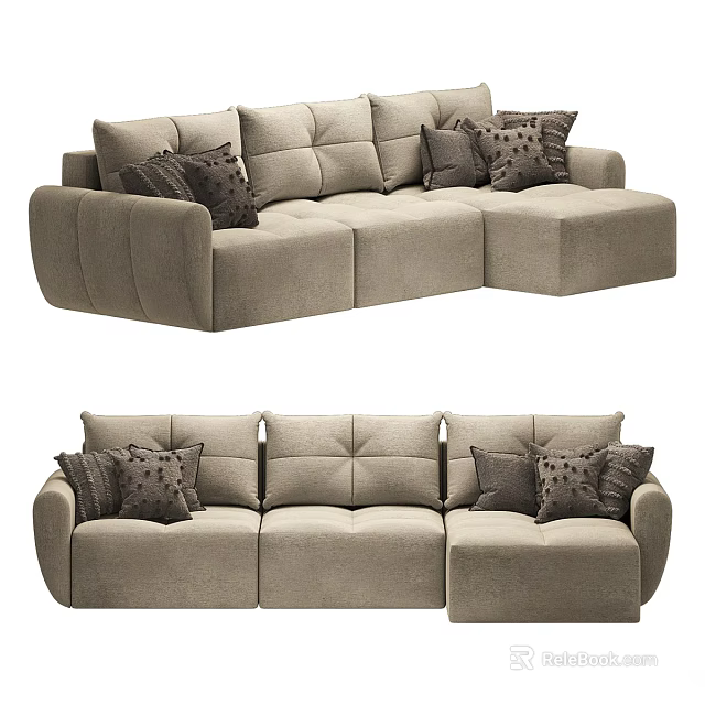 Modern Beige Multi Person Sofa With Dark Patterned Cushions And L Shape Design 3d model