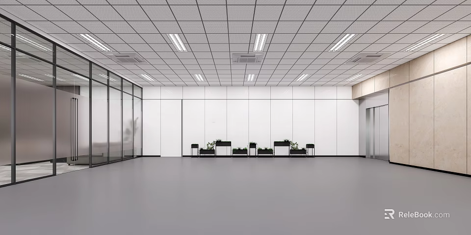 Modern Office Reception Interior Design With Front Desk Chairs Plants And Glass Partitions 3d model 
