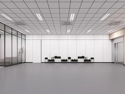 Modern Office Reception Interior Design With Front Desk Chairs Plants And Glass Partitions 3d model