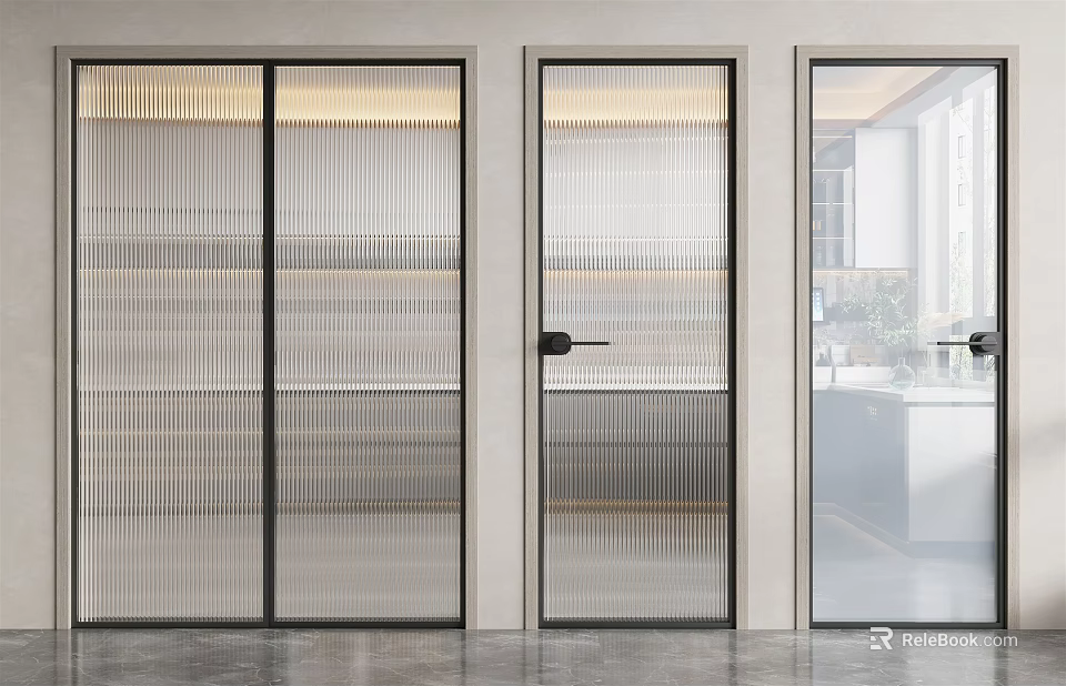 Modern Interior Swing Door Design With Ribbed And Clear Glass Panels For Home Spaces 3d model 