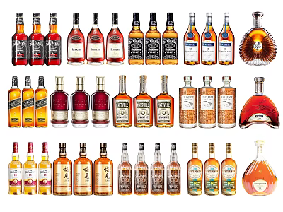 Various Assorted Liquor Bottles with Colorful Labels and Different Shapes Arranged in Rows 3d model