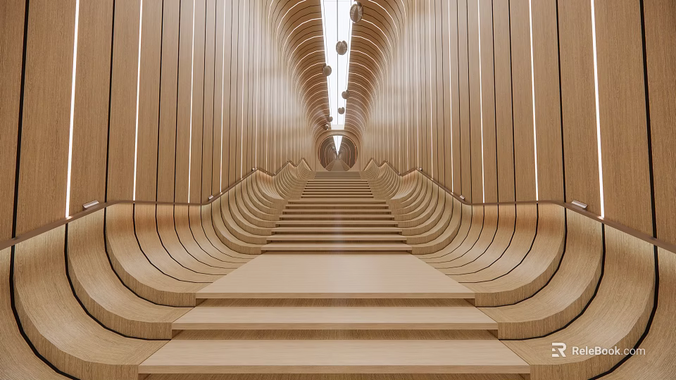 Elegant Contemporary Staircase Interior Design With Wooden Steps And Ambient Lighting 3d model 