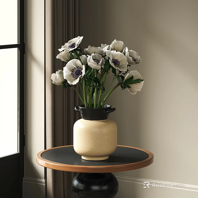 Ceramic Vase With White Flowers Dark Centers On Round Wooden Edge Table Near Window Curtains 3d model 