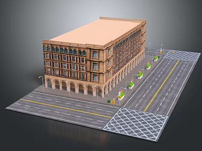 Urban Multi Story Building With Arched Porches Windows Street Lamps And Sidewalk Greenery 3d model