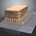 Urban Multi Story Building With Arched Porches Windows Street Lamps And Sidewalk Greenery