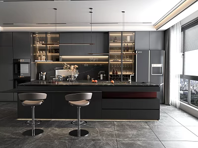 Modern Restaurant Kitchen Interior With Open Design Black Cabinets Island Counter And Bar Stools 3d model
