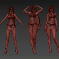 Three Female Characters In Purple Outfits With Long Hair And High Heels In Different Poses