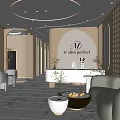 Modern Elegant Beauty Hair Salon With Curved Design Reception Desk Sofa Marble Floor Plants Lighting