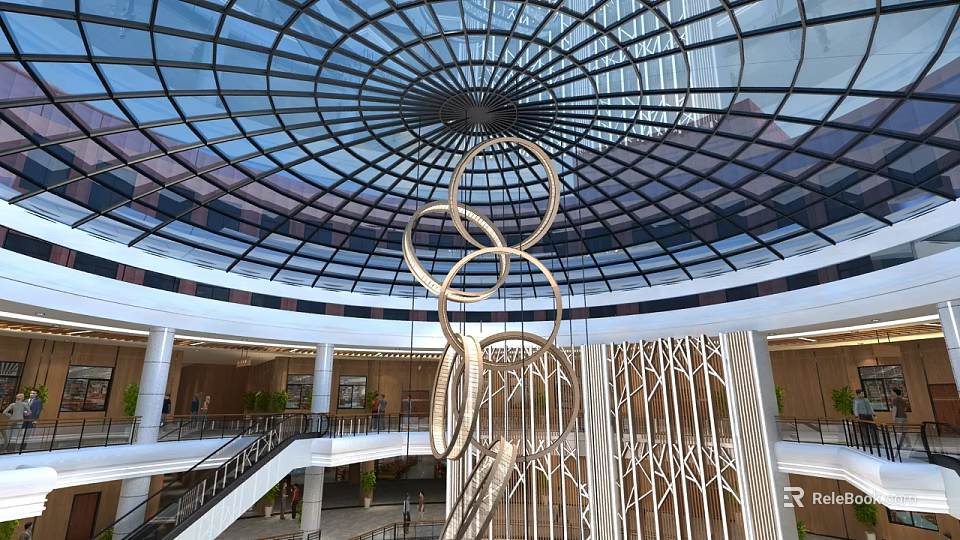 Grand Mall Atrium With Glass Dome Ceiling And Sculpture 3d model 